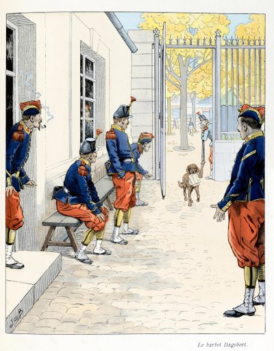 Ilustração extraída do livro "A la gloire des betes" texto de A Fabre, desenhos de Jacques Marie Gaston Onfray de Breville dit JOB (1858-1931), editora Maison Alfred Mame et fils: O Barbet Dagobert (em um quartel em Paris), Coleção Parcial de pseudonym for Onfray de Breville Jacques Job