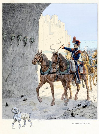 Ilustração do livro "A la gloire des betes" texto de A Fabre, desenhos de Jacques Marie Gaston Onfray de Breville dit JOB (1858-1931), editora Maison Alfred Mame et fils: O caniche Mitraille (caniche simples do 2º regimento de artilharia, ele era o de pseudonym for Onfray de Breville Jacques Job