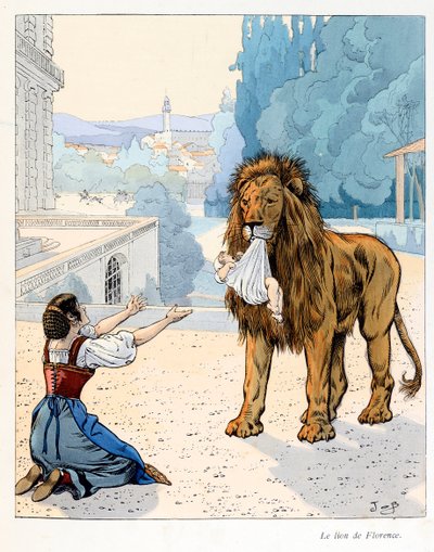 Ilustração do livro "A la gloire des betes" texto de A Fabre, desenhos de Jacques Marie Gaston Onfray de Breville dit JOB (1858-1931), editora Maison Alfred Mame e filho: O leão de Florença (fuga da casa de menagem do Grão-Duque de Florenc de pseudonym for Onfray de Breville Jacques Job