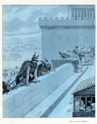 Ilustração do livro "A la gloire des betes" texto de A Fabre, desenhos de Jacques Marie Gaston Onfray de Breville dit JOB (1858-1931), editora Maison Alfred Mame et fils: Les goies du Capitole (890 AC), les Gauls siegent Rome, Collection Partial de pseudonym for Onfray de Breville Jacques Job