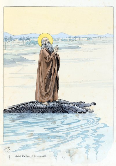 Ilustração do livro "A la gloire des betes" texto de A Fabre, desenhos de Jacques Marie Gaston Onfray de Breville dit JOB (1858-1931), editora Maison Alfred Mame et fils: Saint Pacome (abbe 292-348) e les crocodiles, Coleção Particulier de pseudonym for Onfray de Breville Jacques Job