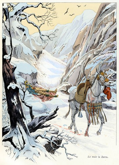 Ilustração do livro "A la gloire des betes" texto de A Fabre, desenhos de Jacques Marie Gaston Onfray de Breville dit JOB (1858-1931), editora Maison Alfred Mame e filho: La mule 