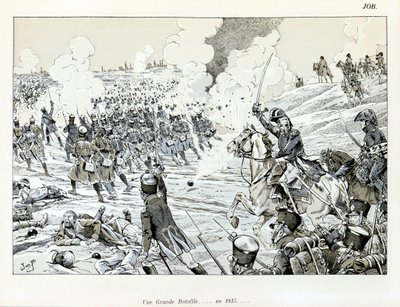 Ilustração do livro "La Grande Guerre par les artistes": Une grande bataille en 1815 de Jacques Marie Gaston Onfray de Breville dit JOB (1858-1931), Partial Collection de pseudonym for Onfray de Breville Jacques Job