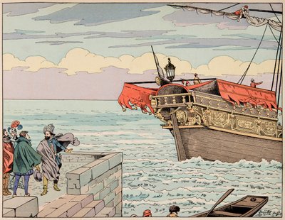 Ilustração do livro "Le bon roy Henri", ilustrado por Jacques Marie Gaston Onfray de Breville dit JOB (1858-1931): Henri IV recusa o conselho de fugir para a Inglaterra - Colecção privada de pseudonym for Onfray de Breville Jacques Job