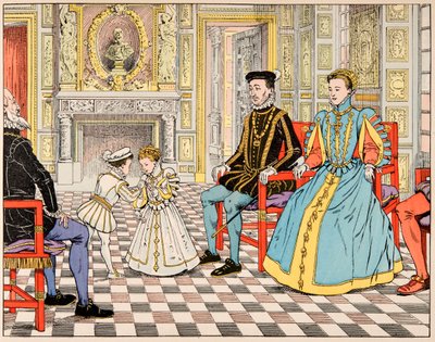 Ilustração do livro "Le bon roy Henri", ilustrado por Jacques Marie Gaston Onfray de Breville dit JOB (1858-1931): Antoine de Bourbon levou-o a Paris e apresentou-o ao seu primo Henri II, que lhe ofereceu a mão da sua filha Marguerite de de pseudonym for Onfray de Breville Jacques Job