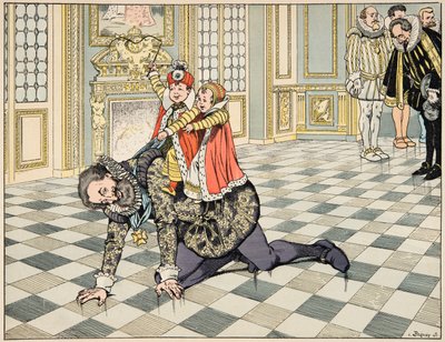 Ilustração do livro "Le bon roy Henri", ilustrado por Jacques Marie Gaston Onfray de Breville dit JOB (1858-1931): Diante do embaixador espanhol, Henri IV brinca com seus filhos - Coleção particular de pseudonym for Onfray de Breville Jacques Job