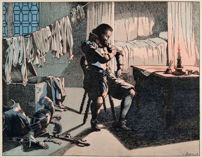 Ilustração do livro "Le bon roy Henri", ilustrado por Jacques Marie Gaston Onfray de Breville dit JOB (1858-1931): Em 1589, Henrique tornou-se rei da França, mas sem dinheiro - Colecção privada de pseudonym for Onfray de Breville Jacques Job