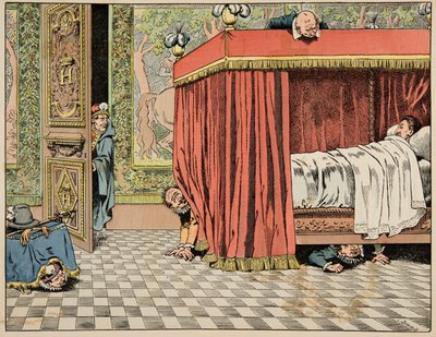 Ilustração do livro "Le bon roy Henri", ilustrado por Jacques Marie Gaston Onfray de Breville dit JOB (1858-1931): Henri IV a viver em Paris sob o olhar dos espiões - Colecção privada de pseudonym for Onfray de Breville Jacques Job
