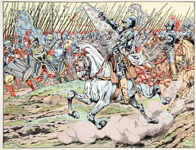 Ilustração retirada do livro "Le bon roy Henri", ilustrado por Jacques Marie Gaston Onfray de Breville dit JOB (1858-1931): Henri IV perante o seu exército: Seguir mon plume blanc - Colecção privada de pseudonym for Onfray de Breville Jacques Job