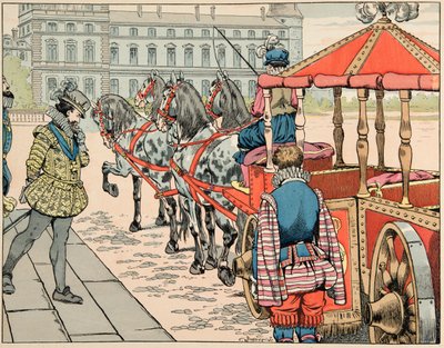 Ilustração retirada do livro "Le bon roy Henri", ilustrado por Jacques Marie Gaston Onfray de Breville dit JOB (1858-1931): Em 14 de Maio de 1610, Henri IV aprecia montar na sua carruagem descoberta - Colecção privada de pseudonym for Onfray de Breville Jacques Job