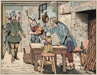 Ilustração retirada do livro "Le bon roy Henri", ilustrado por Jacques Marie Gaston Onfray de Breville dit JOB (1858-1931): Henri IV nos camponeses, para comer a galinha na panela - Colecção privada de pseudonym for Onfray de Breville Jacques Job