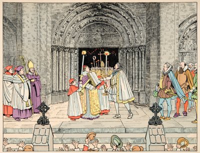 Ilustração retirada do livro "Le bon roy Henri", ilustrado por Jacques Marie Gaston Onfray de Breville dit JOB (1858-1931): Henri IV, Basílica de Saint Denis abjure sua religião e convertidos - Colecção privada de pseudonym for Onfray de Breville Jacques Job