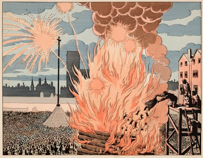 Ilustração retirada do livro "Le bon roy Henri", ilustrado por Jacques Marie Gaston Onfray de Breville dit JOB (1858-1931): Fire de joie place de strike em Paris - Coleção particular de pseudonym for Onfray de Breville Jacques Job