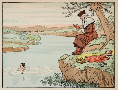 Ilustração retirada do livro "Le bon roy Henri", ilustrado por Jacques Marie Gaston Onfray de Breville dit JOB (1858-1931): A educação no século XVI: natação - Coleção particular de pseudonym for Onfray de Breville Jacques Job