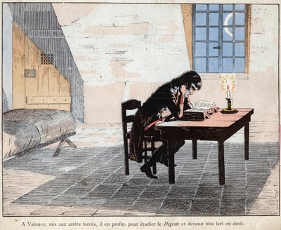 Em Valência (prisão) Napoleão aproveita para estudar o Digest e se tornar muito forte na lei - Napoleão leu o Digeste e reforçou seu conhecimento da lei - litografia de Job (Jacques Onfroy de Breville) de "Le Grand Napoleon des Petites de pseudonym for Onfray de Breville Jacques Job