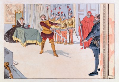 Jacques Marie Gaston Gaston Onfray de Breville dit JOB (1858 - 1931); Ilustração do livro "Les epees de France": Piece de theatre au 19 century; Coll, Part de pseudonym for Onfray de Breville Jacques Job