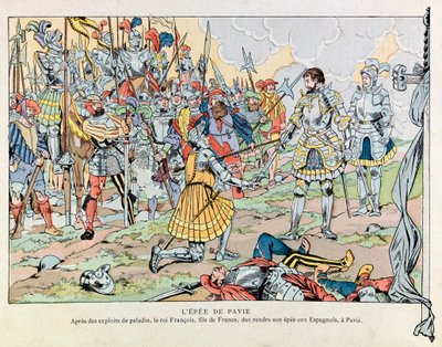 Jacques Marie Gaston Gaston Onfray de Breville dit JOB (1858 - 1931); Ilustração do livro "Les epees de France": O rei François I devolve sua espada aos espanhóis após a derrota de Pavia em 24 de fevereiro de pseudonym for Onfray de Breville Jacques Job