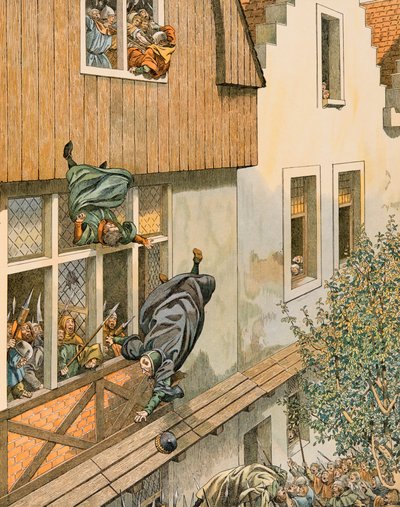 Jacques Marie Gaston Onfroy de Breville dit JOB (1858-1931) - História da Bélgica: A Defenestração do Patrício Echevins de Leuven em 1419, Coleção Privada de pseudonym for Onfray de Breville Jacques Job