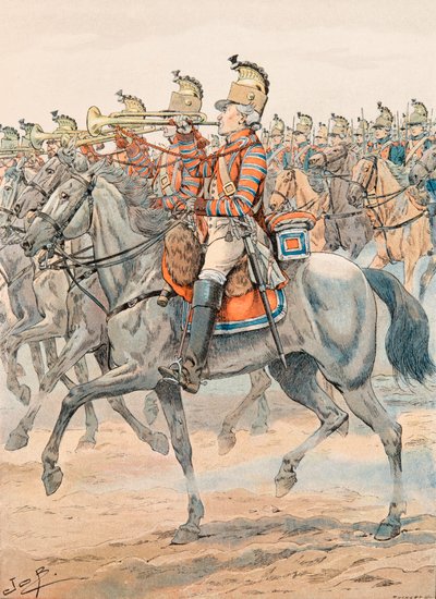 Jacques Marie Gaston Gaston Onfroy de Breville dit JOB (1858-1931) - Forfait das tropas francesas em todos os momentos: Trompete do Regimento de Orleans - Dragões (1781), Coleção Privada de pseudonym for Onfray de Breville Jacques Job