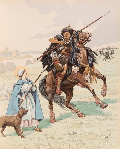Jacques Marie Gaston Onfroy de Breville dit JOB (1858-1931) - Sainte genevieve durante o cerco de Paris em 451 repele a invasão dos hunos com o seu líder Attila, Private Collection de pseudonym for Onfray de Breville Jacques Job