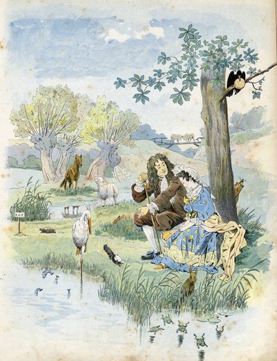 Jean de La Fontaine (Lafontaine) (1621-1695) falando com uma jovem rapariga. Ao seu redor, animais presentes nas fábulas do poeta: lobo, cordeiro, cegonha, tartaruga, rato, rã, lebre, raposa, corvo... em "France, his story told by G. Montorgueil, imagee by de pseudonym for Onfray de Breville Jacques Job