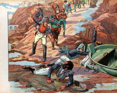 Joachim Murat (1767-1815), dechu rei de Nápoles, feito prisioneiro em Pizzo, na Calábria, pela multidão hostil em 1815. Gravura de Jacques Marie Gaston Onfray de Breville dit Job (1858-1931) de pseudonym for Onfray de Breville Jacques Job