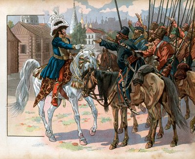 Joachim Murat (1767-1815) em Moscovo oferece um relógio aos russos. Gravura de Jacques Marie Gaston Onfray de Breville dit Job (1858-1931) de pseudonym for Onfray de Breville Jacques Job