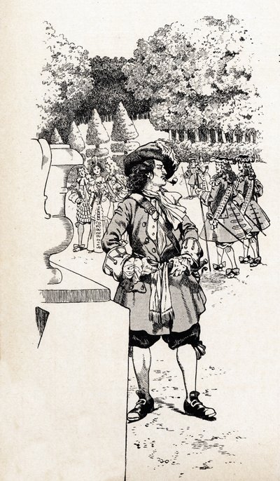 Rei Luís XIV da França chamado Rei Soleil (1638-1715) com os seus cortesãos nos jardins de Versalhes. Ilustração de Jó (Jacques Marie Gaston Onfray e Breville) (Jacques-Marie) (1858-1931) para o livro "Les grands mots historiques du pays de France". de pseudonym for Onfray de Breville Jacques Job