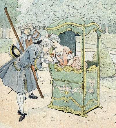 Senhora da nobreza no século XVIII, numa cadeira com carregadores recebendo a mão do beijo de pseudonym for Onfray de Breville Jacques Job