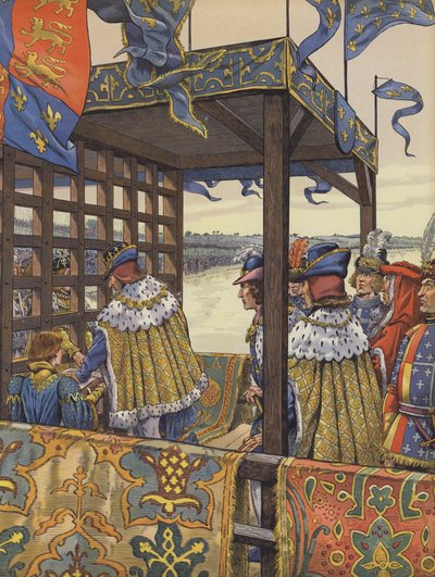 Luís XI de França e Eduardo IV de Inglaterra reúnem-se para assinar o Tratado de Picquigny em ambos os lados de uma barreira de madeira de pseudonym for Onfray de Breville Jacques Job