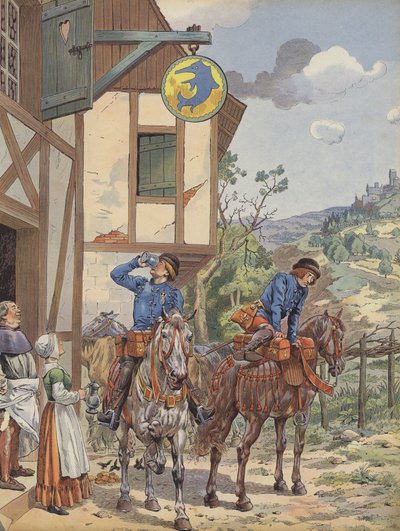 Mensageiros tomando refeshment em uma estalagem de beira de estrada (cor litho) de pseudonym for Onfray de Breville Jacques Job