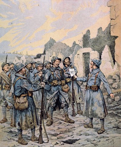 Motim no exército francês na Frente Ocidental, Abril-Maio de 1917 (cor litho) de pseudonym for Onfray de Breville Jacques Job
