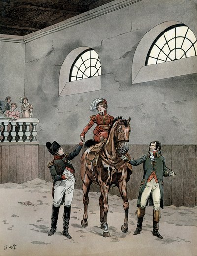 Napoleão I Bonaparte (1729-1821) assistiu às aulas de equitação da impressionada Marie Louise da Áustria (1791-1847). Em "Napoleon", de Georges Montorgueil. Ilustração de Jacques Marie Gaston Onfray de Breville dit JOB (1858-1931) de pseudonym for Onfray de Breville Jacques Job