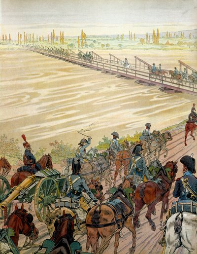 Napoleão I Bonaparte (1769-1821) e seu exército passaram o Reno em 1 de outubro de 1805. Em "Napoleão", de Georges Montorgueil. Ilustração de Jacques Marie Gaston Onfray de Breville dit JOB (1858-1931) de pseudonym for Onfray de Breville Jacques Job