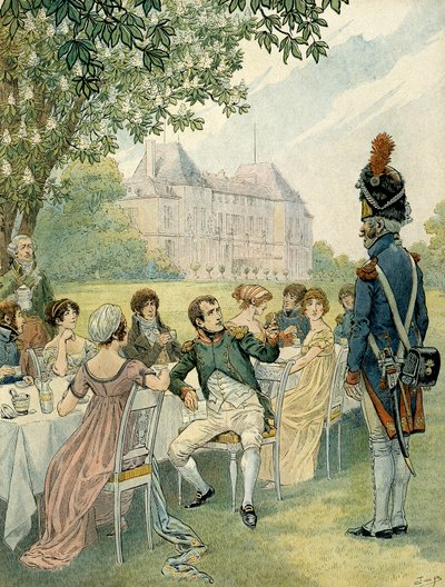 Napoleão I Bonaparte (1769-1821) durante um almoço nos jardins do castelo de Malmaison. Ilustração de Jacques Marie Gaston Onfray de Breville dit JOB (1858-1931). Coleção Particular de pseudonym for Onfray de Breville Jacques Job