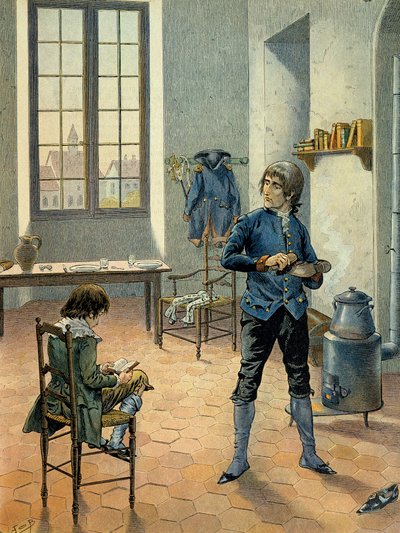 Napoleão I Bonaparte (1769-1821) em guarnição em Auxonne com seu irmão Louis Bonaparte (1778-1846) lendo entre 1788 e 1789. Ilustração de Jacques Marie Gaston Onfray de Breville dit JOB (1858-1931) de pseudonym for Onfray de Breville Jacques Job
