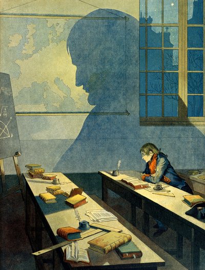 Napoleão I Bonaparte (1769-1821) estudando na Escola Real Militar de Brienne (escola dirigida pelos Minimes no Aube, Champagne Ardennes). A sua sombra cai sobre o mapa geográfico da Europa. Ilustração de Jacques Marie Gaston Onfray de Breville dit JOB de pseudonym for Onfray de Breville Jacques Job