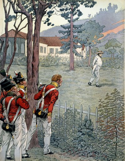 Napoleão I Bonaparte (1769-1821) sob o olhar atônito do exército britânico em cativeiro na ilha de Santa Helena (Sainte-Helene) de pseudonym for Onfray de Breville Jacques Job