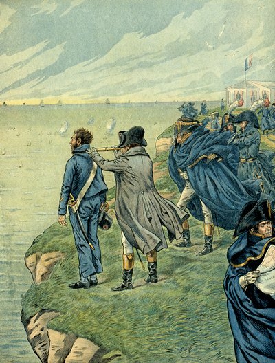 Napoleão I Bonaparte (1769-1821) visitou o arsenal do acampamento de Boulogne em julho de 1804. Ilustração de Jacques Marie Gaston Onfray de Breville dit JOB (1858-1931). Coleção Particular de pseudonym for Onfray de Breville Jacques Job