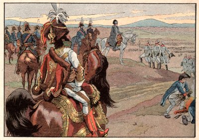 Napoleão I Bonaparte (1769-1821) com Joachim Murat (1767-1815) durante a rendição de Ulm em 1805. Gravura de Jacques Marie Gaston Onfray de Breville dit Job (1858-1931) de pseudonym for Onfray de Breville Jacques Job