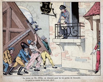 Napoleão reunindo seus soldados em Grenoble no seu retorno da ilha de Elba - A cidade de Grenoble abre suas portas para Napoleão no seu retorno do exílio em Elba, 7 de março de 1815 - litografia de Jó (Jacques Onfroy de Breville) do "Le Grand Napoleon des  de pseudonym for Onfray de Breville Jacques Job