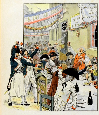 Banquete revolucionário após a captura da Bastilha - Ilustração de Job (Jacques Marie Gaston Onfray e Breville) (Jacques-Marie) (1858-1931) para o livro "La Tour d