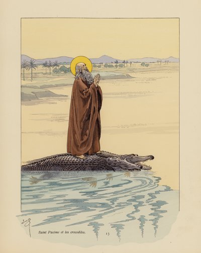 São Pacómio e os crocodilos (litografia a cores) de pseudonym for Onfray de Breville Jacques Job