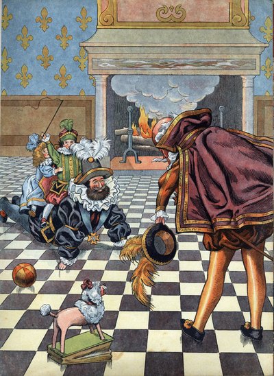 Cena da história da França nos brinquedos: Rei de França Henri IV (1553-1610) brincando com seus filhos na frente do embaixador espanhol. Em "Joujoux a l