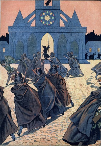 Cena da história da França nos brinquedos: La Saint Barthelemy (Saint-Barthelemy). Um monge toca o tocsin da igreja Saint Germain l