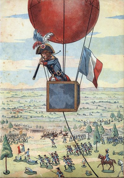 Cena da história da França nos brinquedos: A Batalha de Fleurus a 26 de Junho de 1794 e o primeiro uso de um balão de observação pelo Capitão Jean Marie Joseph (Jean-Marie-Joseph) Coutelle (1748-1835) com uma longa visão - Em "Vamos jogar uma história: A F de pseudonym for Onfray de Breville Jacques Job