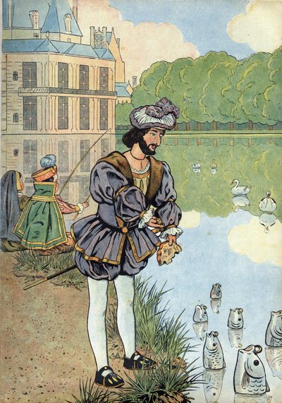 Cena da história da França nos brinquedos: o Rei da França François I (1494-1547) dá pão ao peixe do parque de Fontainebleau. Em "Joujoux a l