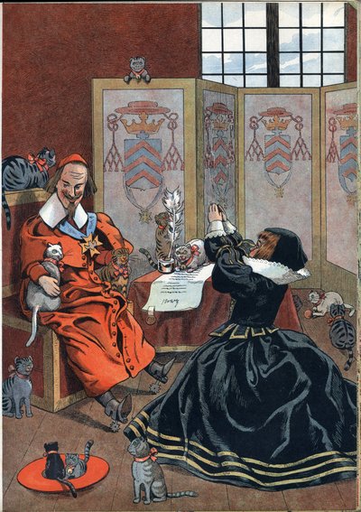 Cena da história da França nos brinquedos: mulher implorando o perdão do Cardeal Richelieu (1585-1642) rodeada de gatos. Em "Joujoux a l