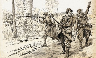 Atire neles! Soldados franceses da guerra de 1914-1918 enviados em patrulha para reconhecer a força e a localização exata do inimigo. Tendo encontrado as tropas alemãs, eles deram a ordem de disparar sem se preocuparem em serem apanhados entre os fogos. Il de pseudonym for Onfray de Breville Jacques Job
