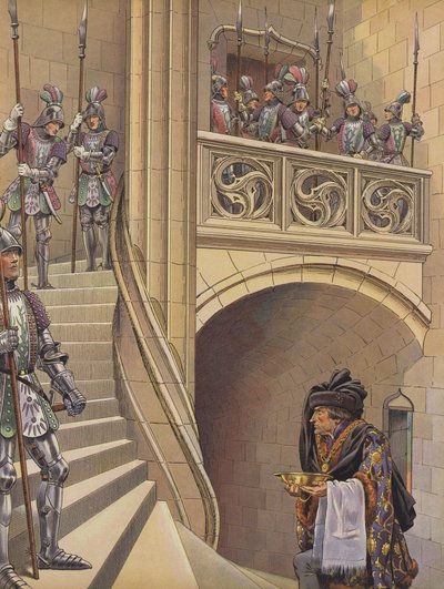 O barbeiro subiu as escadas em direcção à câmara do Rei, passando pelos numerosos guardas armados (cor litho) de pseudonym for Onfray de Breville Jacques Job